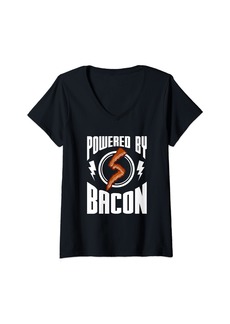 Womens Powered by Bacon Funny Food Graphic V-Neck T-Shirt