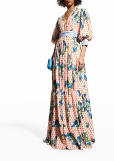 Badgley Mischka 3/4-Sleeve Tucan-Print Tiered Gown