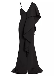 Badgley Mischka Asymmetrical Neoprene Ruffle Gown