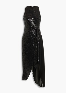 Badgley Mischka - Asymmetric crepe de chine-paneled sequined tulle midi dress - Black - US 4