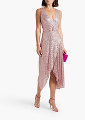 Badgley Mischka - Belted wrap-effect embellished stretch-tulle dress - Pink - US 10