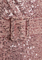 Badgley Mischka - Belted wrap-effect embellished stretch-tulle dress - Pink - US 6