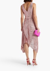 Badgley Mischka - Belted wrap-effect embellished stretch-tulle dress - Pink - US 10