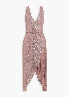 Badgley Mischka - Belted wrap-effect embellished stretch-tulle dress - Pink - US 8