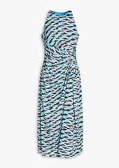 Badgley Mischka - Draped printed crepe de chine midi dress - Blue - US 4