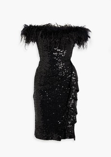 Badgley Mischka - Off-the-shoulder feather-embellished sequined tulle dress - Black - US 2