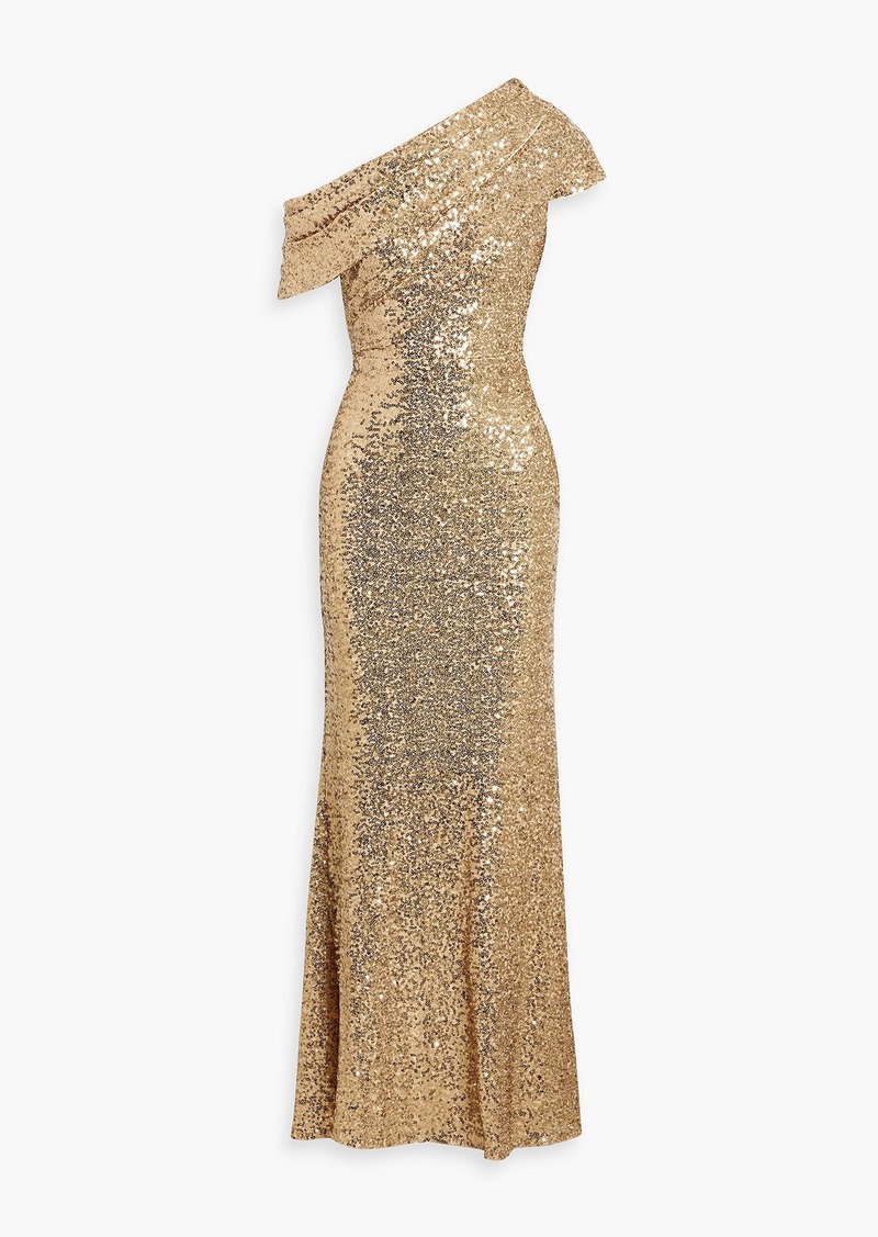 Badgley Mischka - One-shoulder draped sequined tulle gown - Metallic - US 6