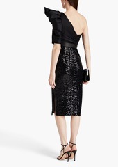 Badgley Mischka - One-shoulder satin-twill and sequined tulle midi dress - Black - US 4