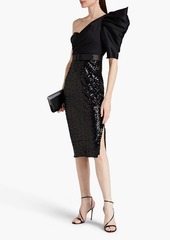 Badgley Mischka - One-shoulder satin-twill and sequined tulle midi dress - Black - US 4