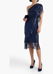 Badgley Mischka - One-shoulder wrap-effect sequined mesh midi dress - Metallic - US 4