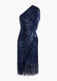 Badgley Mischka - One-shoulder wrap-effect sequined mesh midi dress - Blue - US 4