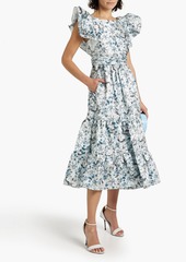 Badgley Mischka - Ruffled floral-print satin-twill midi dress - Blue - US 6