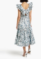 Badgley Mischka - Ruffled floral-print satin-twill midi dress - Blue - US 6