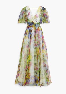 Badgley Mischka - Wrap-effect floral-print silk-organza maxi dress - Green - US 8