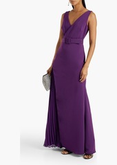 Badgley Mischka - Wrap-effect plissé-paneled crepe gown - Purple - US 2