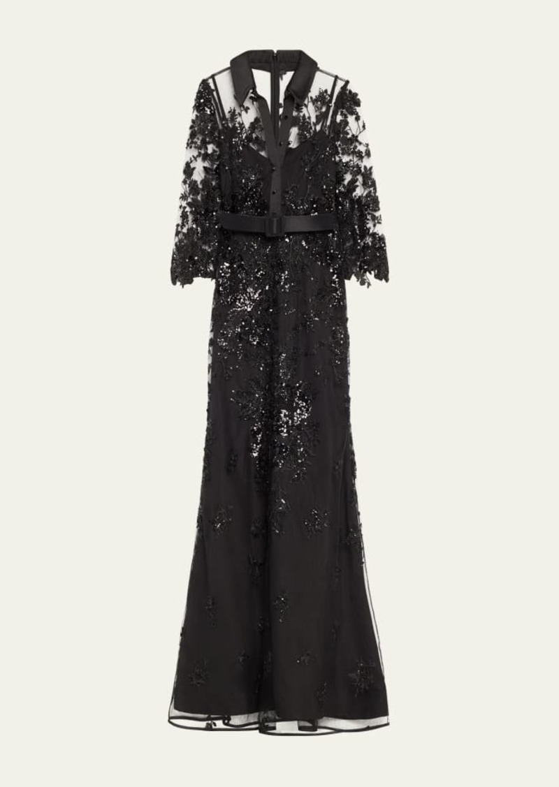 Badgley Mischka Beaded Floral Lace Shirt Gown