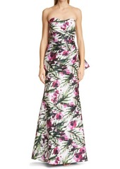Badgley Mischka Collection Floral Print Bow Back Strapless Mermaid Gown
