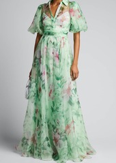 Badgley Mischka Collection Hibiscus Printed Organza Puff-Sleeve Gown