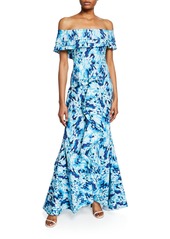 Badgley Mischka Collection Printed Off-the-Shoulder Tiered Ruffle Mermaid Gown