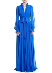 Badgley Mischka Collection Ruffle Neck Long Sleeve Georgette Gown in Blue at Nordstrom
