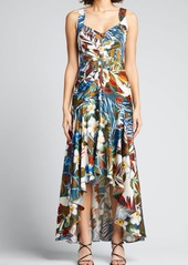 Badgley Mischka Collection Tropical-Print Sleeveless High-Low Dress
