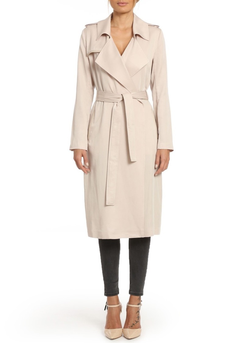 Badgley Mischka Faux Leather Trim Long Trench Coat