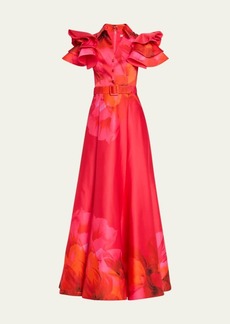 Badgley Mischka Collection Floral-Print Ruffle-Sleeve Shirt Gown