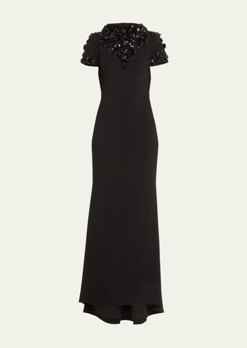 Badgley Mischka Funnel-Neck Bead & Sequin-Embellished Gown