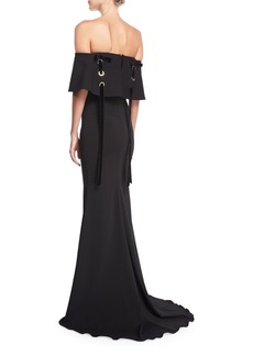 Badgley Mischka Off-the-Shoulder Crepe Evening Gown w/ Velvet Laces