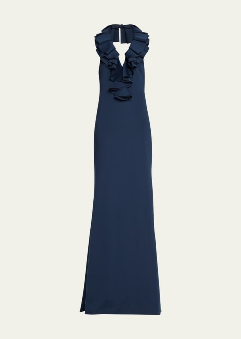 Badgley Mischka Collection Ruffle Halter Trumpet Gown