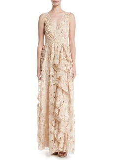 Badgley Mischka Sleeveless Floral Lace Ruffle Gown