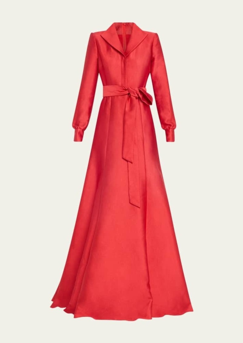 Badgley Mischka Collection Tie-Waist Shimmer Jacquard Shirt Gown