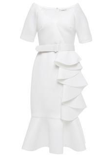 Badgley Mischka - Belted ruffled scuba dress - White - US 4