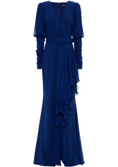 Badgley Mischka Woman Belted Ruffled Stretch-crepe And Georgette Gown Navy