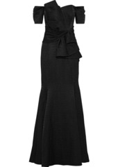 Badgley Mischka Woman Off-the-shoulder Bow-embellished Jacquard Gown Black