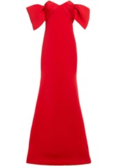 Badgley Mischka Woman Off-the-shoulder Bow-embellished Pleated Scuba Gown Red