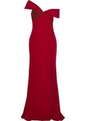 Badgley Mischka Woman Off-the-shoulder Embellished Stretch-crepe Gown Crimson