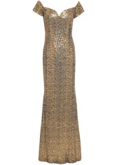 Badgley Mischka Woman Off-the-shoulder Sequined Tulle Gown Gold