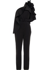 Badgley Mischka Woman One-shoulder Belted Ruffled Scuba Jumpsuit Black