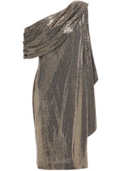 Badgley Mischka Woman One-shoulder Draped Sequined Metallic Jersey Dress Gold