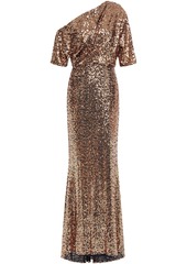 Badgley Mischka Woman One-shoulder Draped Sequined Tulle Gown Gold