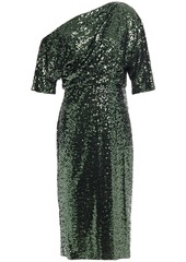 Badgley Mischka Woman One-shoulder Sequined Mesh Dress Emerald