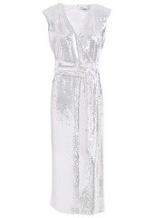 Badgley Mischka Woman Wrap-effect Sequined Jersey Midi Dress Silver