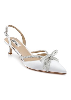 Badgley Mischka Women's Angelina Pointed Toe Pave & Imitation Pearl Bow Embellished Kitten Heel Sandals