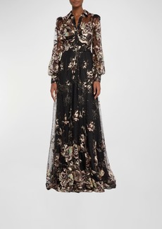 Badgley Mischka Belted Embroidered Sequin Lace Shirt Gown