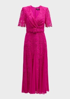 Badgley Mischka Belted Lace Godet Midi Dress