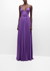 Badgley Mischka Belted Ruched Halter Gown