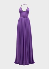 Badgley Mischka Belted Ruched Halter Gown