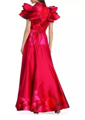 Badgley Mischka Belted Ruffled Floral Satin Gown