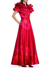 Badgley Mischka Belted Ruffled Floral Satin Gown